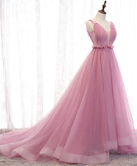 Evening Dresses V Neck, Pink V Neck Long Prom Dress, Aline Pink Formal Evening Dresses