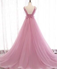 Evening Dresses Mermaid, Pink V Neck Long Prom Dress, Aline Pink Formal Evening Dresses