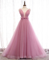 Evening Dress V Neck, Pink V Neck Long Prom Dress, Aline Pink Formal Evening Dresses