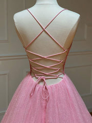 Formal Dress Short, Pink V Neck Long Prom Dress, Pink A-line Sequin Tulle Evening Dress