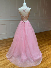 Formals Dresses Short, Pink V Neck Long Prom Dress, Pink A-line Sequin Tulle Evening Dress