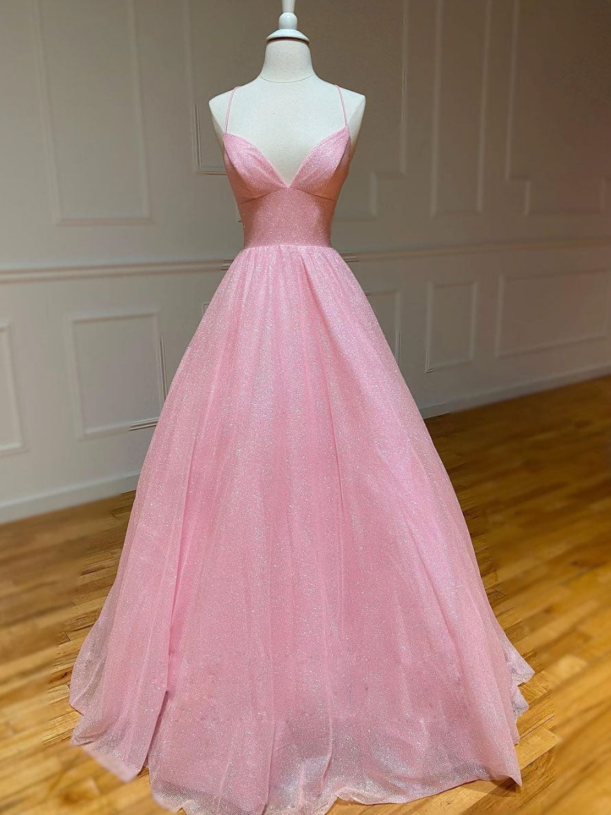 Formal Dress Elegant Classy, Pink V Neck Long Prom Dress, Pink A-line Sequin Tulle Evening Dress