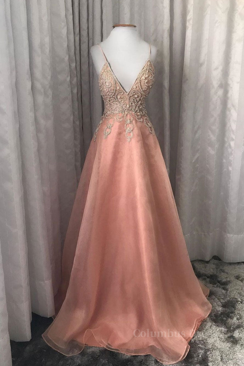 Homecoming Dresses With Tulle, Pink v neck tulle beads long prom dress pink evening dress