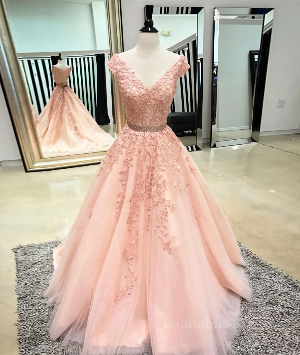 Couture Gown, Pink v neck tulle lace applique long prom dress, pink tulle evening dress