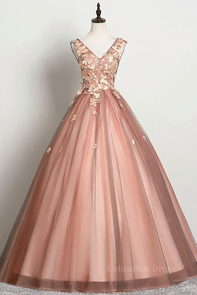 Prom Dress Long, Pink v neck tulle lace long prom dress pink tulle formal dress