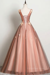 Prom Dresses Ball Gown, Pink v neck tulle lace long prom dress pink tulle formal dress