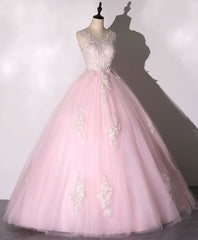 Homecomming Dresses Long, Pink V Neck Tulle Lace Long Prom Dress Pink Tulle Formal Sweet 16 Dress