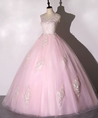 Homecomming Dress Long, Pink V Neck Tulle Lace Long Prom Dress Pink Tulle Formal Sweet 16 Dress