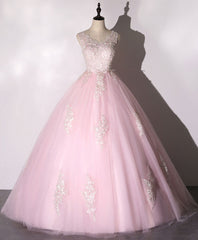 Homecomeing Dresses Long, Pink V Neck Tulle Lace Long Prom Dress Pink Tulle Formal Sweet 16 Dress