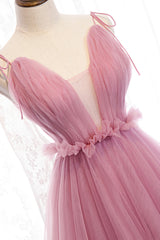 Prom Dresses Blue Light, Pink V-Neck Tulle Long Prom Dress, A-Line Formal Evening Dress