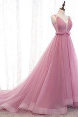 Prom Dress Corset Ball Gown, Pink V-Neck Tulle Long Prom Dress, A-Line Formal Evening Dress