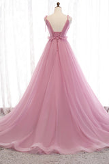 Prom Dress Fairy, Pink V-Neck Tulle Long Prom Dress, A-Line Formal Evening Dress