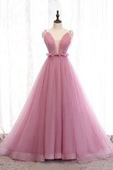 Prom Dress Champagne, Pink V-Neck Tulle Long Prom Dress, A-Line Formal Evening Dress