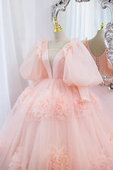 Evening Dress Suit, Pink V-Neck Tulle Long Prom Dress, A-Line Puff Sleeve Princess Dress