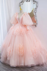 Evening Dresses Suits, Pink V-Neck Tulle Long Prom Dress, A-Line Puff Sleeve Princess Dress