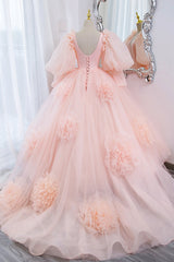 Evening Dress Gold, Pink V-Neck Tulle Long Prom Dress, A-Line Puff Sleeve Princess Dress