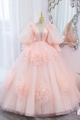 Evening Dress With Sleeves Uk, Pink V-Neck Tulle Long Prom Dress, A-Line Puff Sleeve Princess Dress