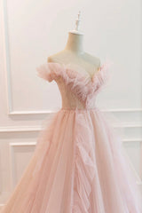 Party Dress Up Ideas Halloween Costumes, Pink V-Neck Tulle Long Prom Dress, Off the Shoulder Evening Graduation Dress