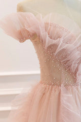 Party Dress Pink Dress, Pink V-Neck Tulle Long Prom Dress, Off the Shoulder Evening Graduation Dress