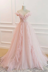 Party Dress With Glitter, Pink V-Neck Tulle Long Prom Dress, Off the Shoulder Evening Graduation Dress