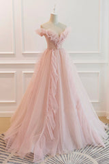 Party Dresses For Christmas Party, Pink V-Neck Tulle Long Prom Dress, Off the Shoulder Evening Graduation Dress