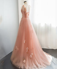 Prom Dress Black, Pink V Neck Tulle Long Prom Dress, Tulle Pink Evening Dress