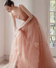 Prom Dressed Black, Pink V Neck Tulle Long Prom Dress, Tulle Pink Evening Dress