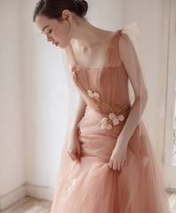 Prom Dresses 2033 Short, Pink V Neck Tulle Long Prom Dress, Tulle Pink Evening Dress