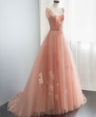 Prom Dresses 2034 Ball Gown, Pink V Neck Tulle Long Prom Dress, Tulle Pink Evening Dress