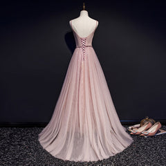 Formal Dress Website, Pink V-neckline Beaded Tulle Prom Dress , Party Gown