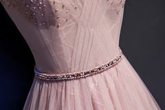 Formal Dresses Websites, Pink V-neckline Beaded Tulle Prom Dress , Party Gown