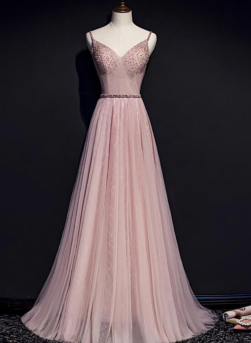 Formal Dress Websites, Pink V-neckline Beaded Tulle Prom Dress , Party Gown