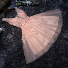 Prom Dresses Affordable, Pink V-neckline Tulle Knee Length Party Dress, Lovely Tulle Formal Dress