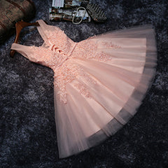 Prom Dress Affordable, Pink V-neckline Tulle Knee Length Party Dress, Lovely Tulle Formal Dress