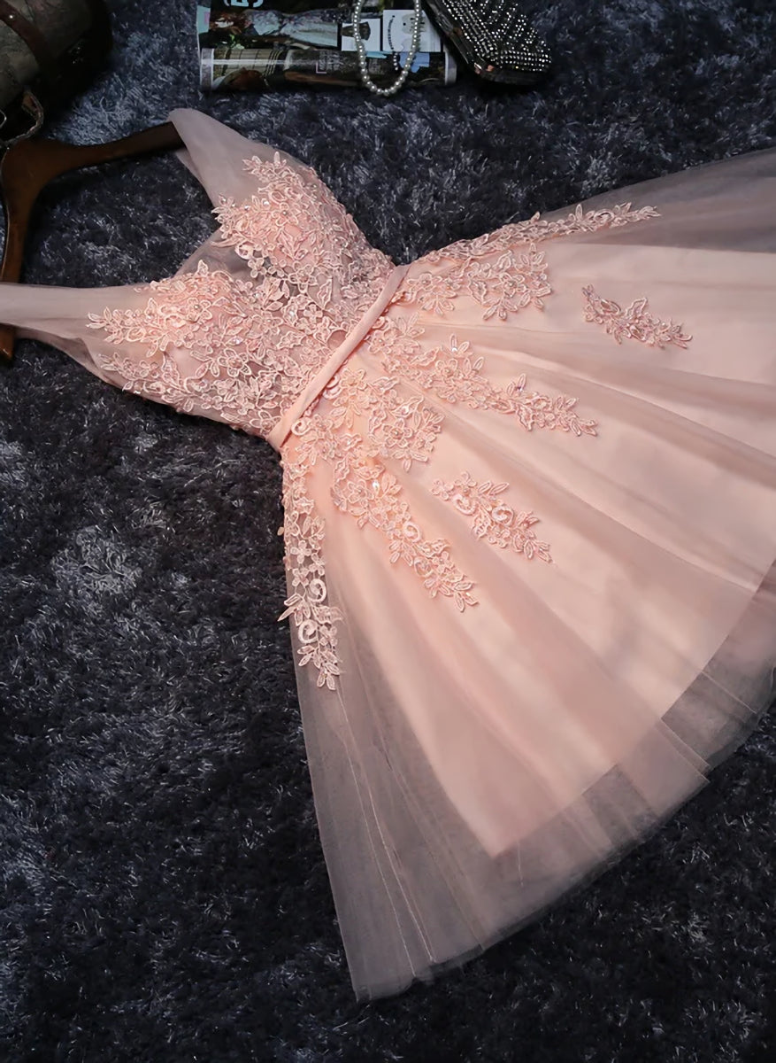 Prom Dress Sites, Pink V-neckline Tulle Knee Length Party Dress, Lovely Tulle Formal Dress