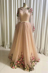 Party Dresses Short Tight, A Line Tulle Long Prom Dress with Flowers, Pink Long Sleeves Party Dress with Beading
