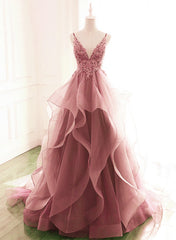 Backless Prom Dress, Dark Pink V Neck Tulle Lace Prom Dress, Spaghetti Strap Prom Dress, Ruffle A Line Formal Dress
