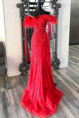 Engagement Photo, Plunging V-Neck Red Feather Shoulder Long Prom Dress Gala Evening Gown