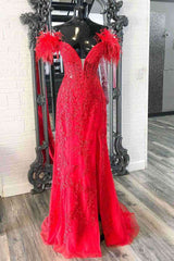 Bridesmaid Dress Black, Plunging V-Neck Red Feather Shoulder Long Prom Dress Gala Evening Gown