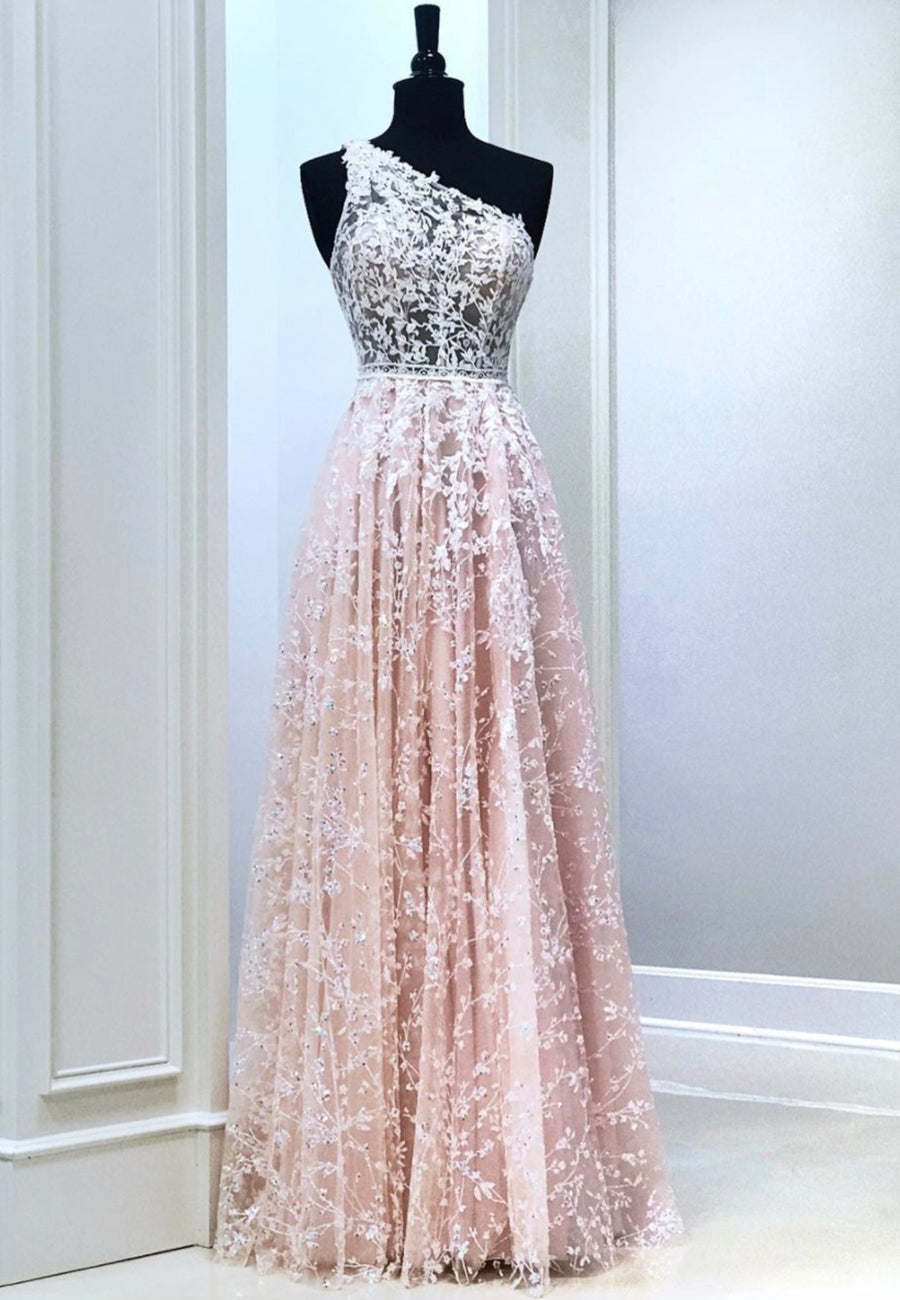 Bridesmaid Dressing Gown, Pink Lace Long Prom Dresses, One Shoulder Evening Party Dresses