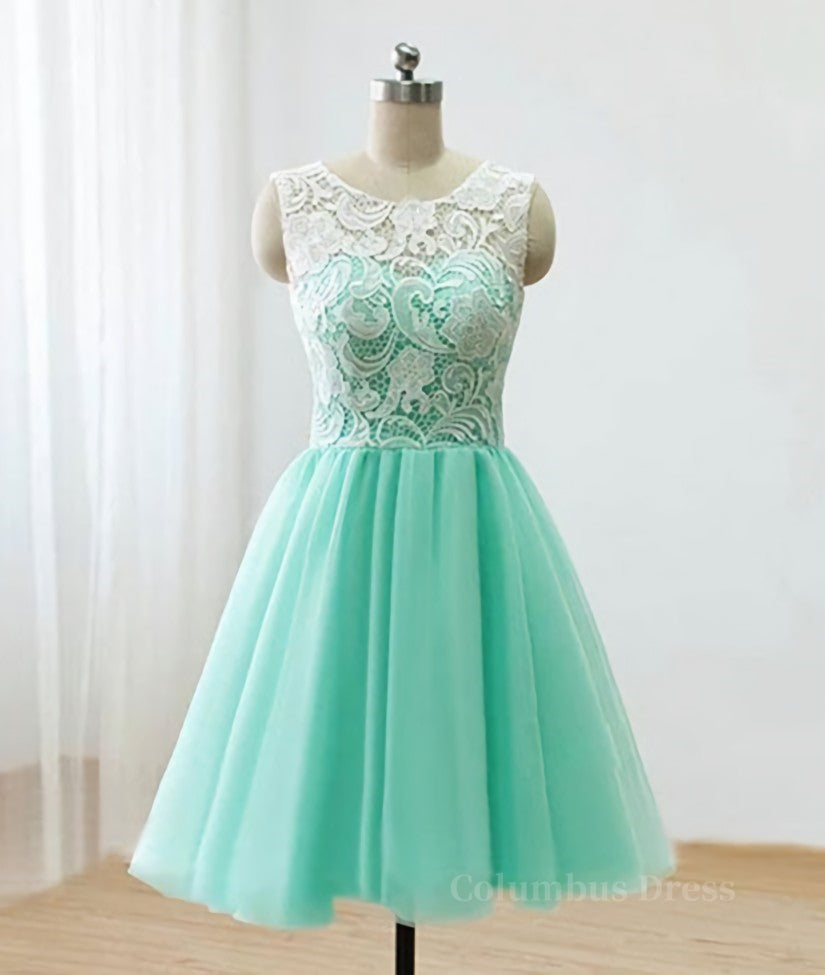 Bridesmaid Dresses Formal, Pretty Round-Neck Lace Tulle Short Green Prom Dresses, Lace Homecoming Dresses