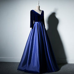Party Dress Sales, Pretty Royal Blue Long Sleeves Satin with Velvet Party Dress, A-line Long Prom Dress