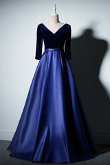 Party Dresses Sale, Pretty Royal Blue Long Sleeves Satin with Velvet Party Dress, A-line Long Prom Dress