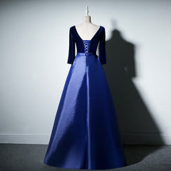 Party Dress Dresses, Pretty Royal Blue Long Sleeves Satin with Velvet Party Dress, A-line Long Prom Dress
