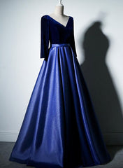 Party Dress Sale, Pretty Royal Blue Long Sleeves Satin with Velvet Party Dress, A-line Long Prom Dress