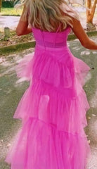 Winter Formal Dress Short, Princess Hot Pink Long Prom Dress Layered Tulle Sleeveless Corset Gown,Evening Dresses