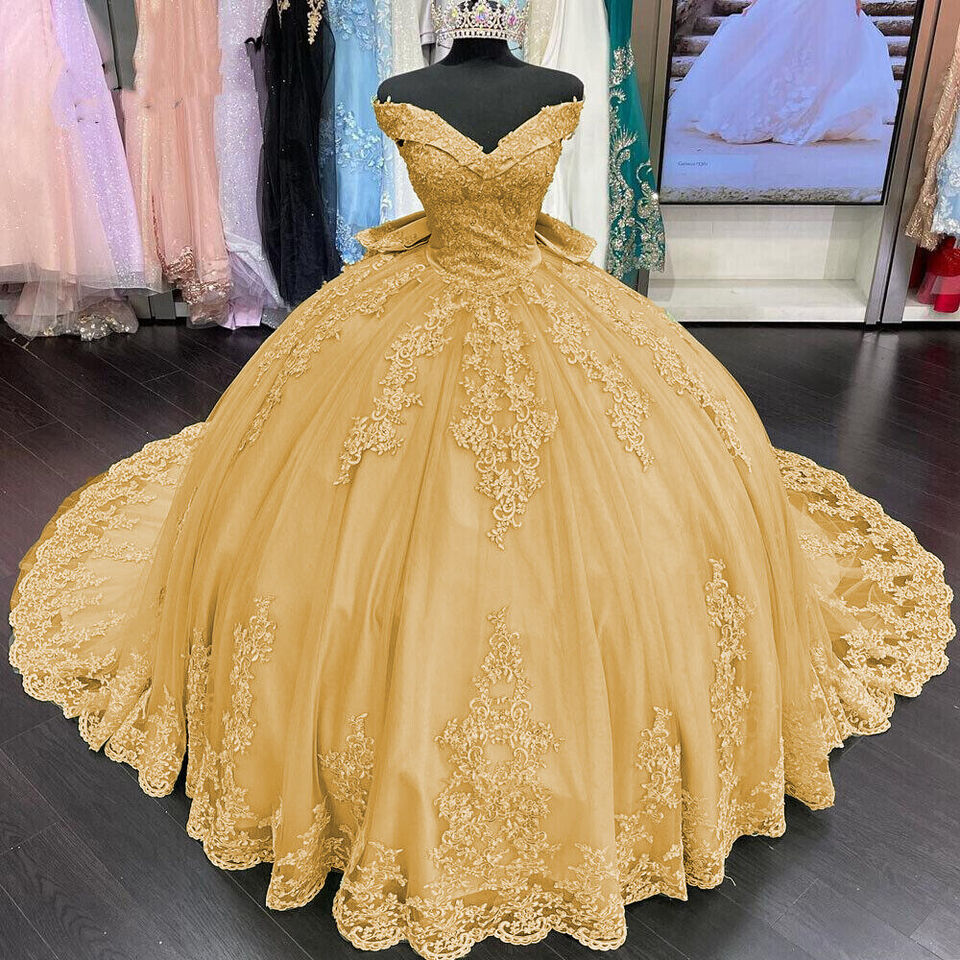 Bridesmaid Dress Wedding, Princess Lace Off Shoulder Gold Quinceanera Dresses Applique With Bow