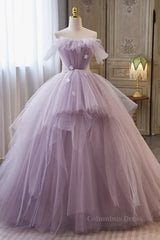Wedding Bouquet, Princess Lavender Tulle Floral Long Prom Dress, Lavender Formal Evening Dress, Purple Ball Gown