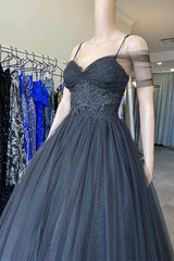 Sequin Dress, Princess V Neck Black Tulle Cold-Shoulder Long Prom Gown Formal Dresses