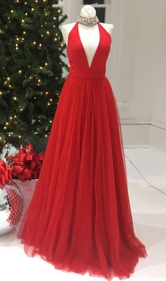 Bridesmaids Dress Styles, Newly A-Line/Princess V Neck Red Tulle 2024 Prom Dresses